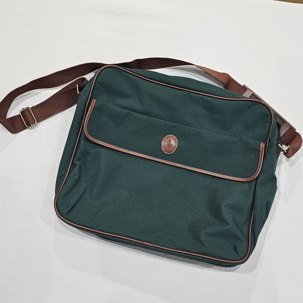 POLO RALPH LAUREN Vtg Y2k Shoulder Bag Green Canvas Laptop Brief Bag